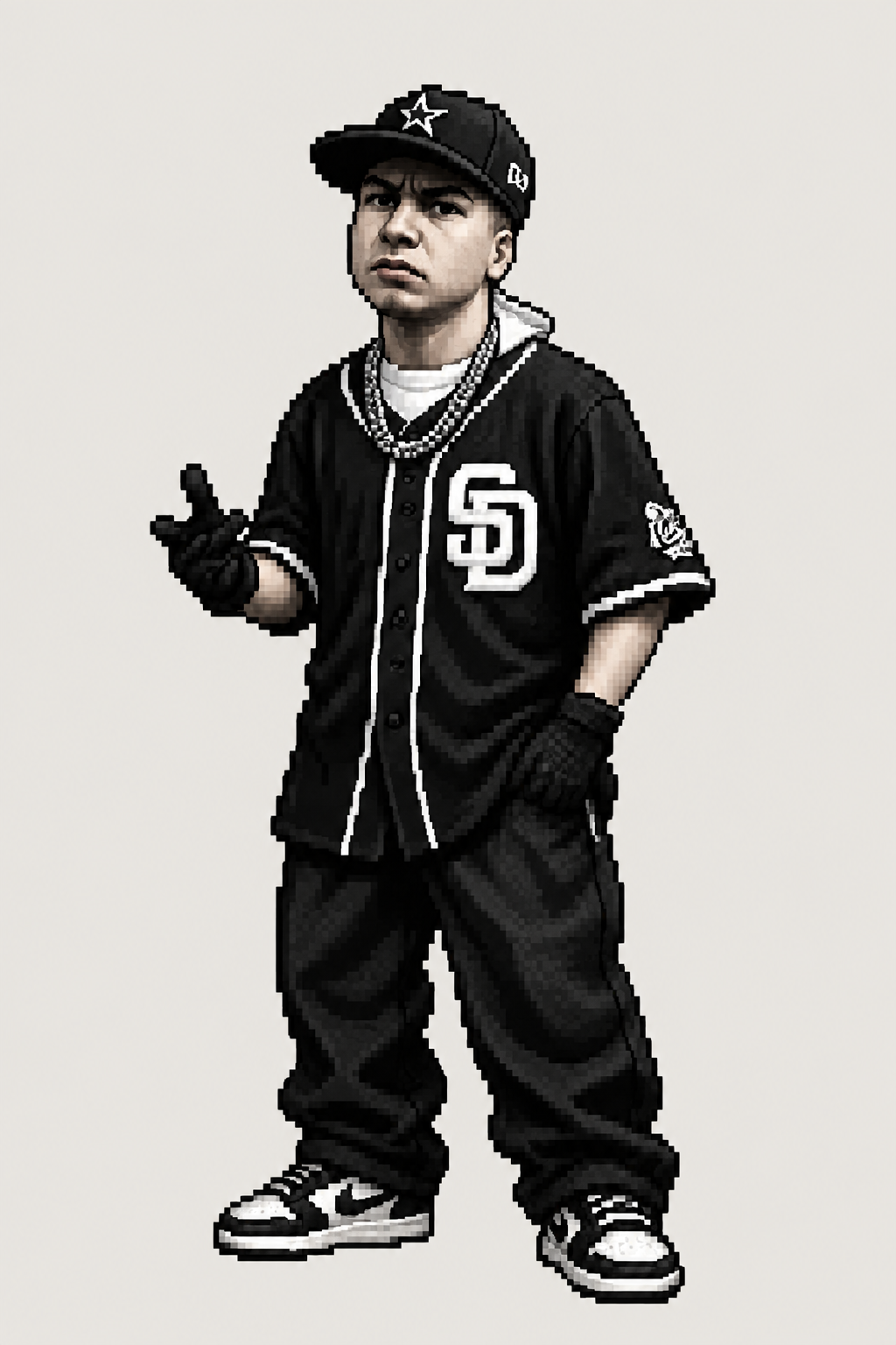 A.L.K.A en pixel art, con gorra y camiseta de béisbol